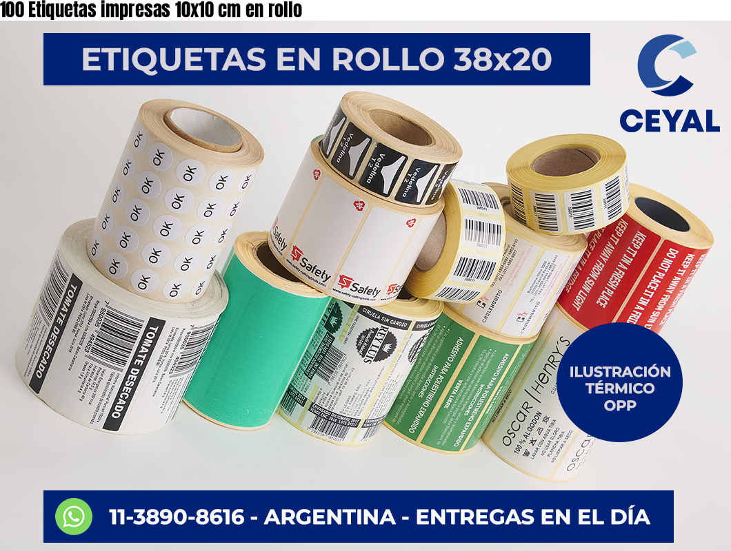 100 Etiquetas impresas 10×10 cm en rollo