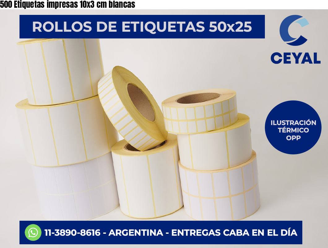 500 Etiquetas impresas 10×3 cm blancas