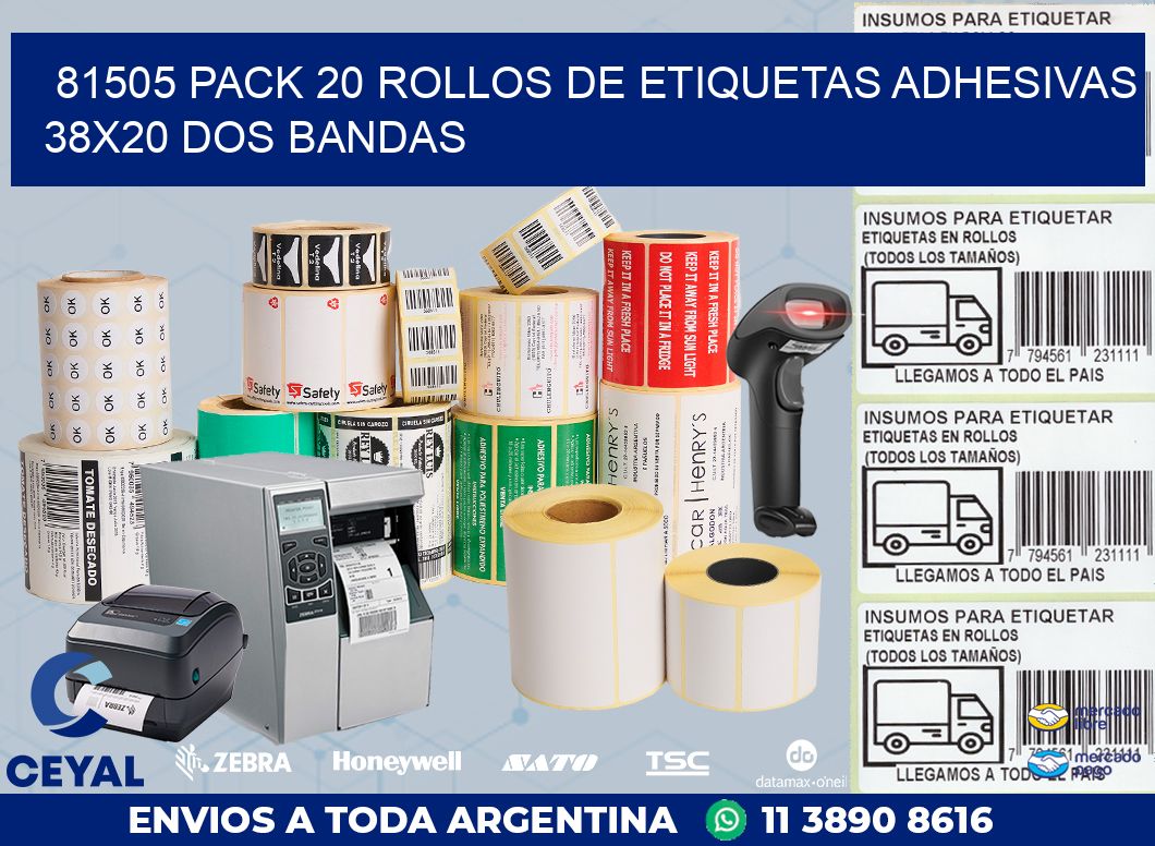 81505 PACK 20 ROLLOS DE ETIQUETAS ADHESIVAS 38X20 DOS BANDAS