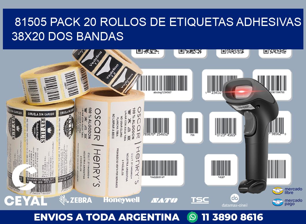 81505 PACK 20 ROLLOS DE ETIQUETAS ADHESIVAS 38X20 DOS BANDAS