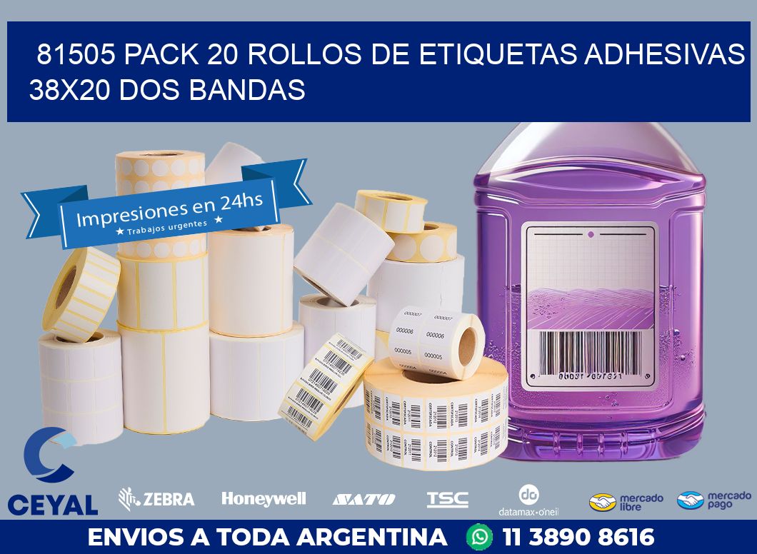 81505 PACK 20 ROLLOS DE ETIQUETAS ADHESIVAS 38X20 DOS BANDAS