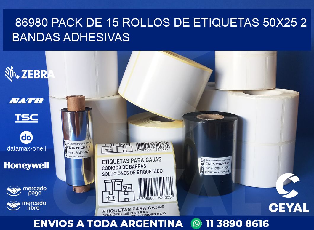 86980 PACK DE 15 ROLLOS DE ETIQUETAS 50X25 2 BANDAS ADHESIVAS