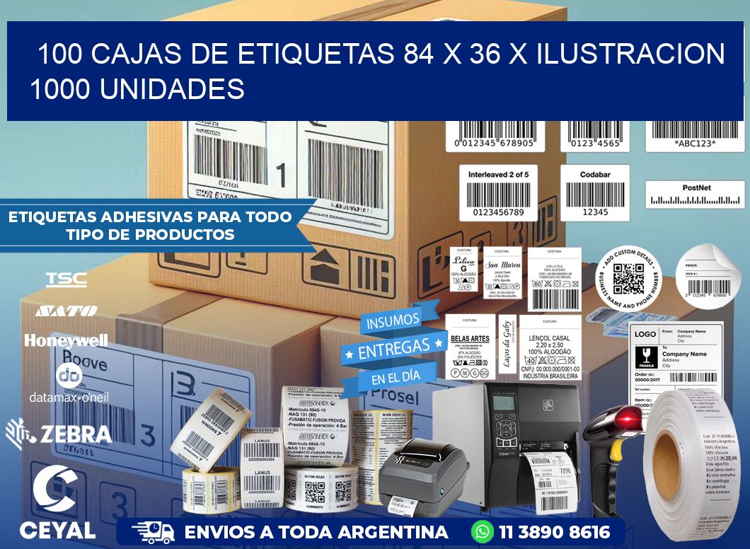 100 CAJAS DE ETIQUETAS 84 x 36 X ILUSTRACION 1000 UNIDADES