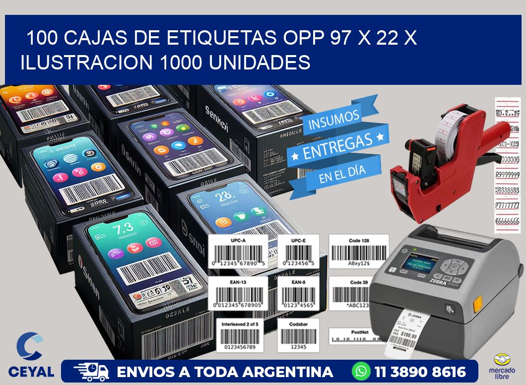 100 CAJAS DE ETIQUETAS OPP 97 x 22 X ILUSTRACION 1000 UNIDADES
