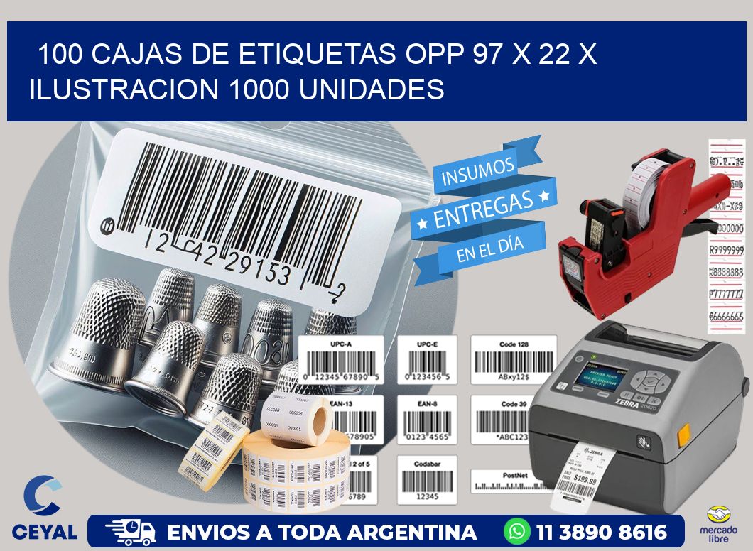 100 CAJAS DE ETIQUETAS OPP 97 x 22 X ILUSTRACION 1000 UNIDADES
