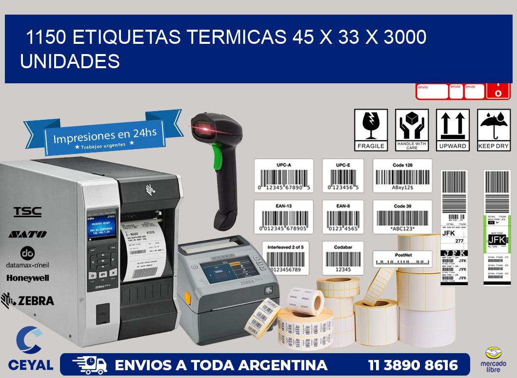 1150 ETIQUETAS TERMICAS 45 x 33 X 3000 UNIDADES