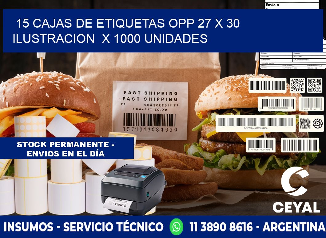 15 CAJAS DE ETIQUETAS OPP 27 x 30 ILUSTRACION  X 1000 UNIDADES