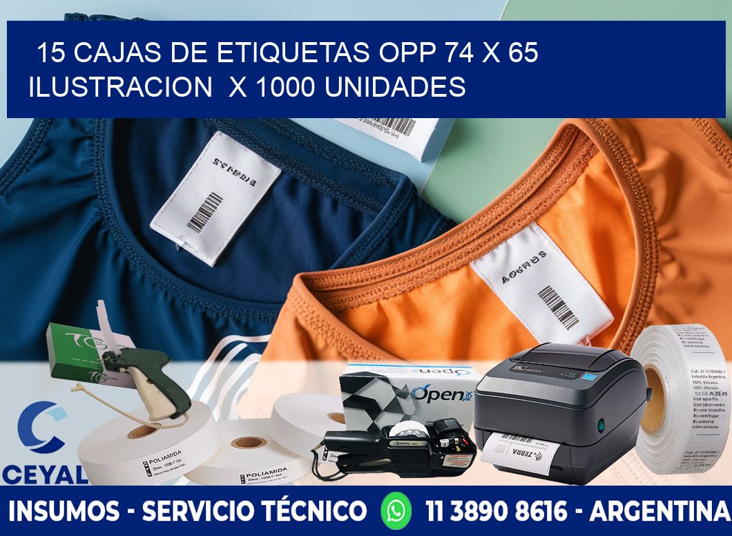 15 CAJAS DE ETIQUETAS OPP 74 x 65 ILUSTRACION X 1000 UNIDADES