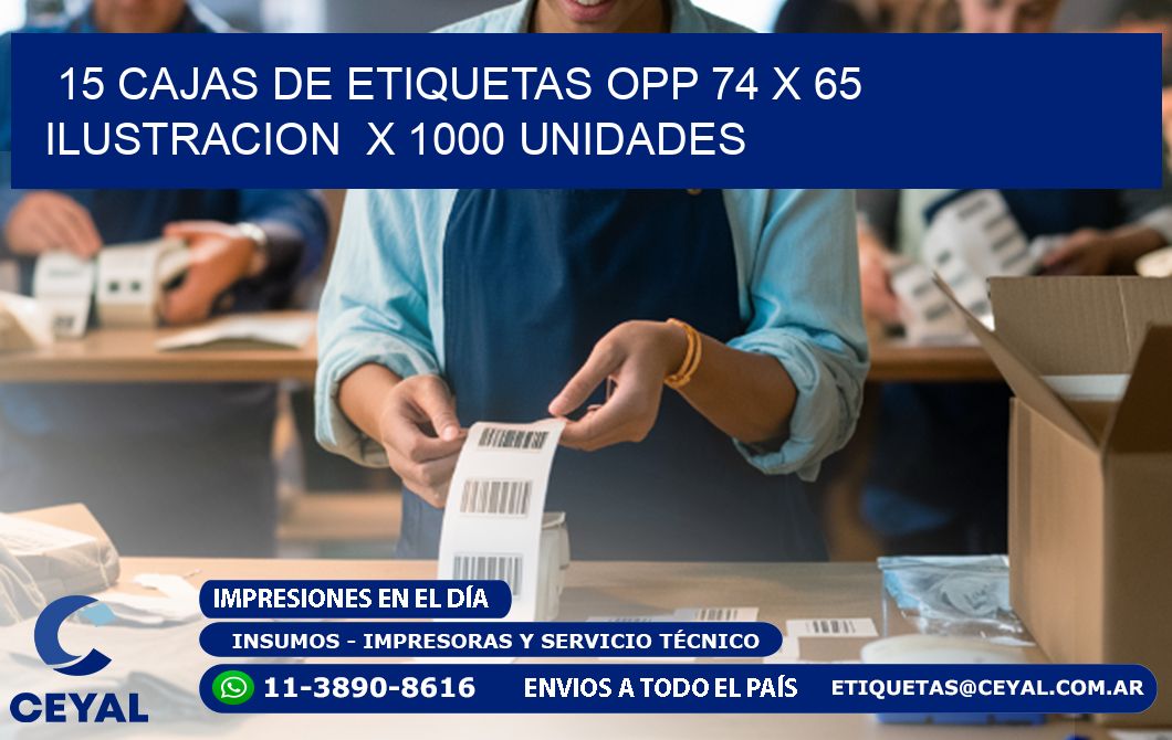 15 CAJAS DE ETIQUETAS OPP 74 x 65 ILUSTRACION X 1000 UNIDADES