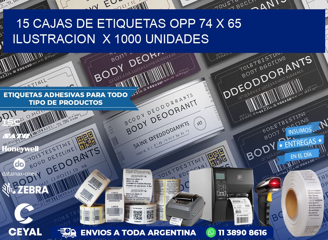 15 CAJAS DE ETIQUETAS OPP 74 x 65 ILUSTRACION  X 1000 UNIDADES