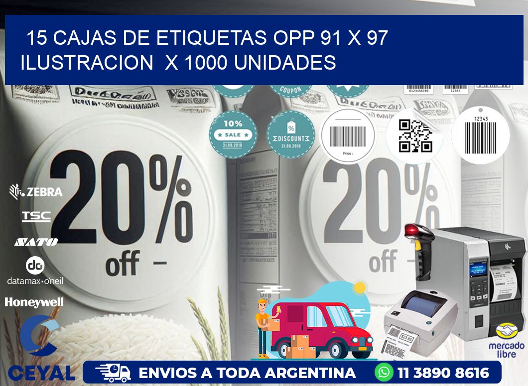 15 CAJAS DE ETIQUETAS OPP 91 x 97 ILUSTRACION  X 1000 UNIDADES