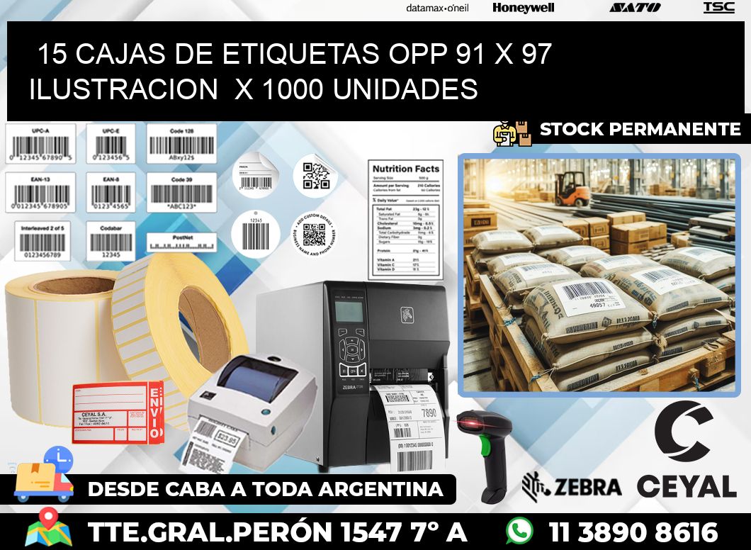 15 CAJAS DE ETIQUETAS OPP 91 x 97 ILUSTRACION  X 1000 UNIDADES