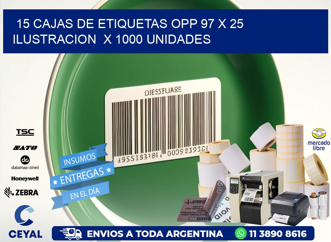 15 CAJAS DE ETIQUETAS OPP 97 x 25 ILUSTRACION  X 1000 UNIDADES