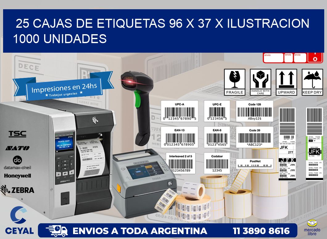 25 CAJAS DE ETIQUETAS 96 x 37 X ILUSTRACION 1000 UNIDADES