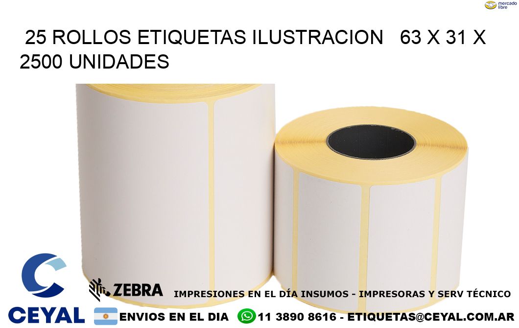 25 ROLLOS ETIQUETAS ILUSTRACION   63 x 31 X 2500 UNIDADES