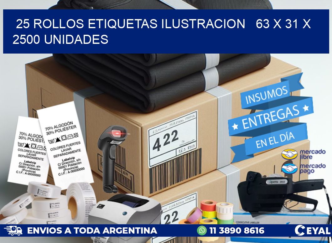 25 ROLLOS ETIQUETAS ILUSTRACION   63 x 31 X 2500 UNIDADES