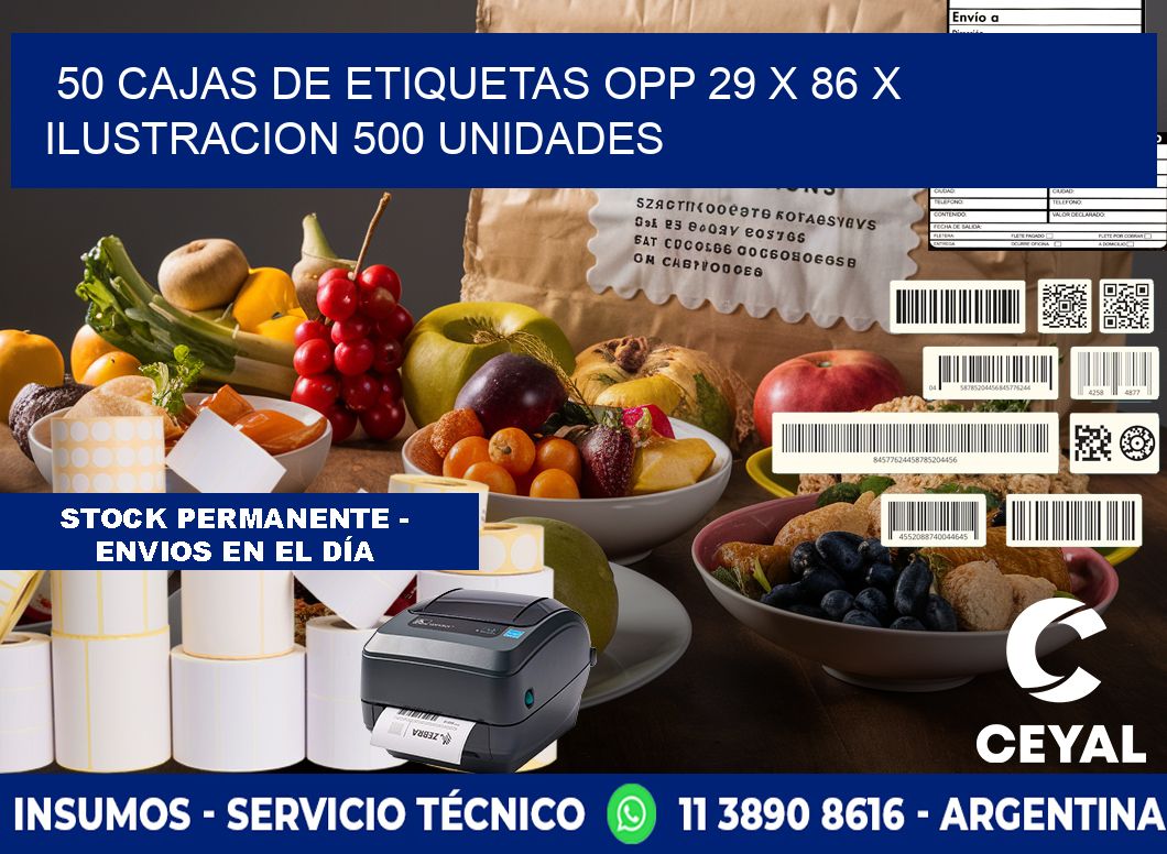 50 CAJAS DE ETIQUETAS OPP 29 x 86 X ILUSTRACION 500 UNIDADES