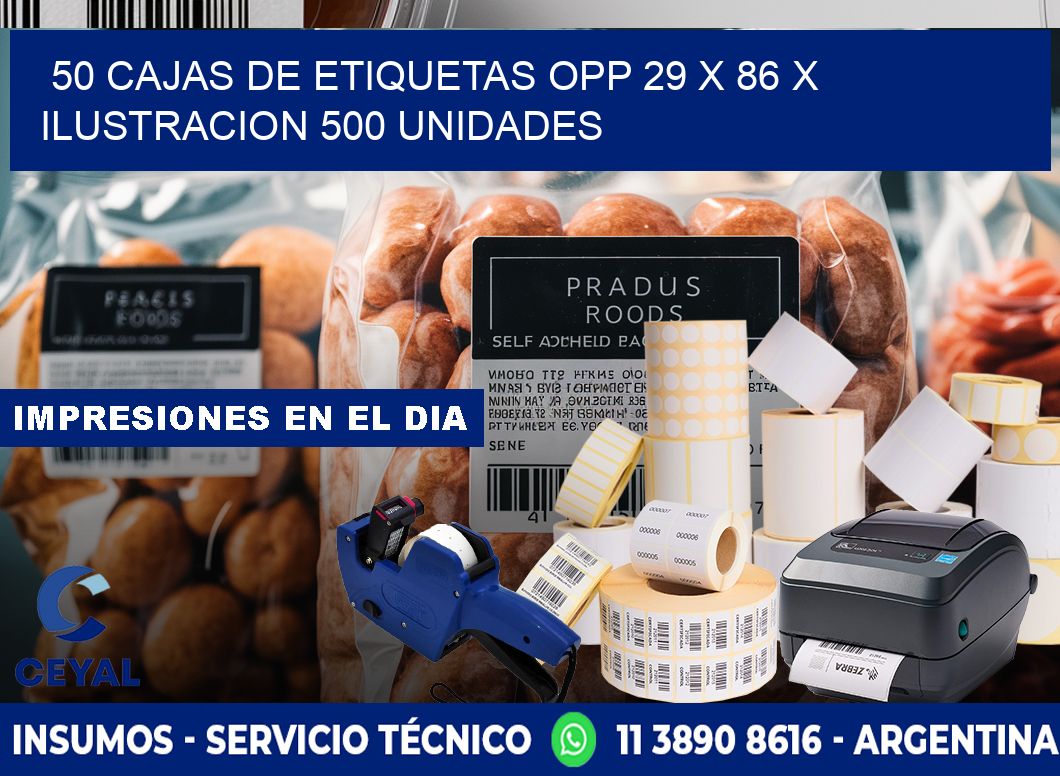 50 CAJAS DE ETIQUETAS OPP 29 x 86 X ILUSTRACION 500 UNIDADES