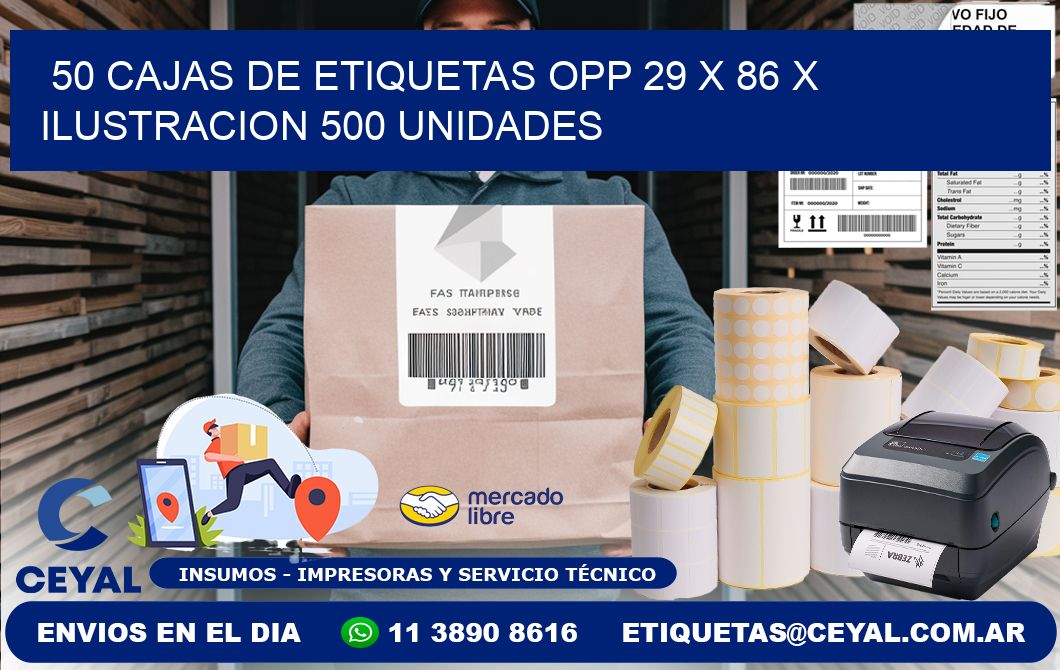 50 CAJAS DE ETIQUETAS OPP 29 x 86 X ILUSTRACION 500 UNIDADES