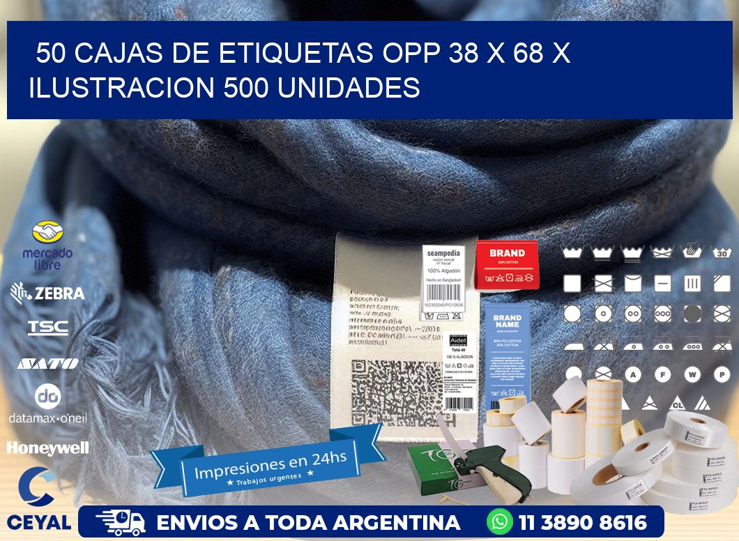 50 CAJAS DE ETIQUETAS OPP 38 x 68 X ILUSTRACION 500 UNIDADES