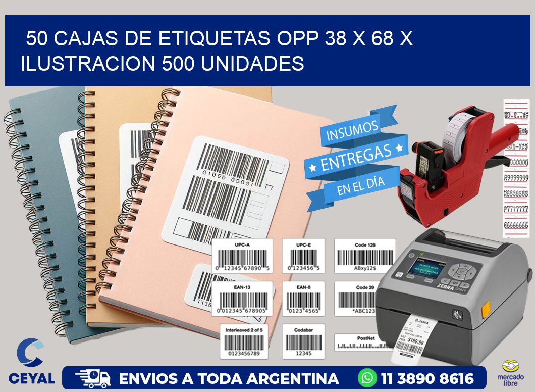 50 CAJAS DE ETIQUETAS OPP 38 x 68 X ILUSTRACION 500 UNIDADES