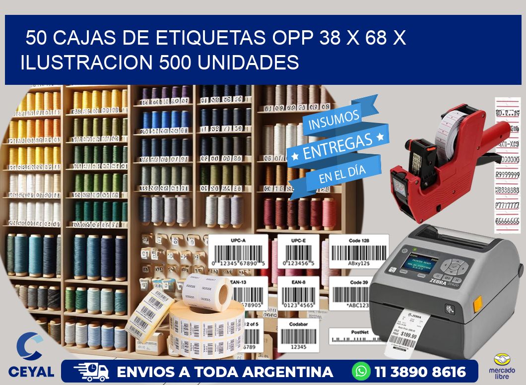 50 CAJAS DE ETIQUETAS OPP 38 x 68 X ILUSTRACION 500 UNIDADES