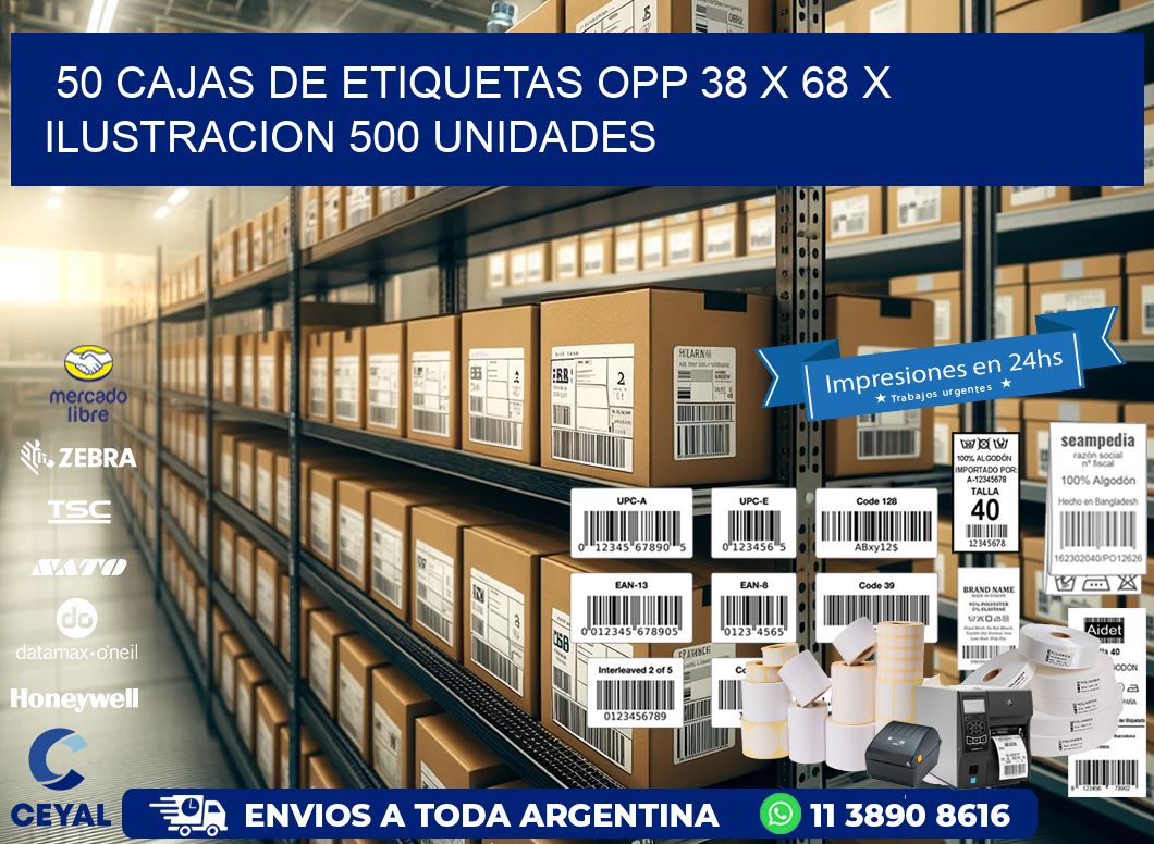 50 CAJAS DE ETIQUETAS OPP 38 x 68 X ILUSTRACION 500 UNIDADES