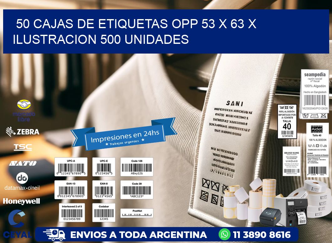 50 CAJAS DE ETIQUETAS OPP 53 x 63 X ILUSTRACION 500 UNIDADES