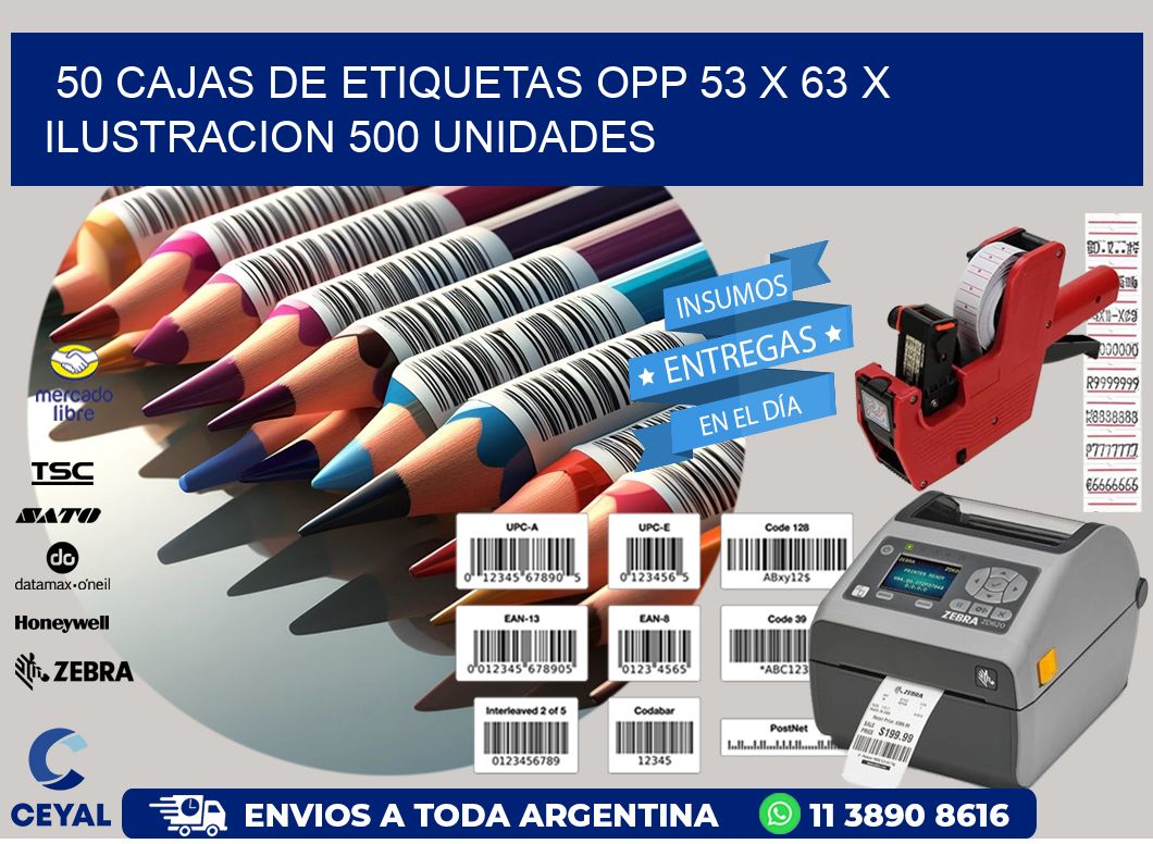 50 CAJAS DE ETIQUETAS OPP 53 x 63 X ILUSTRACION 500 UNIDADES