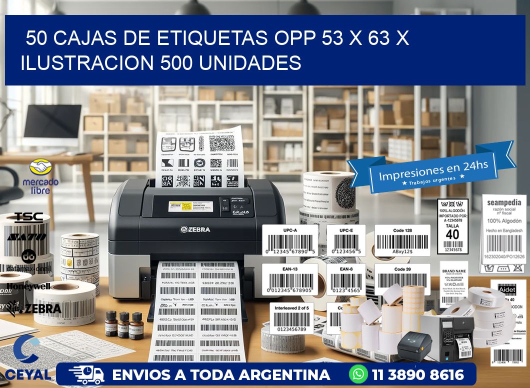 50 CAJAS DE ETIQUETAS OPP 53 x 63 X ILUSTRACION 500 UNIDADES