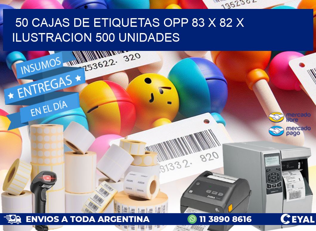 50 CAJAS DE ETIQUETAS OPP 83 x 82 X ILUSTRACION 500 UNIDADES