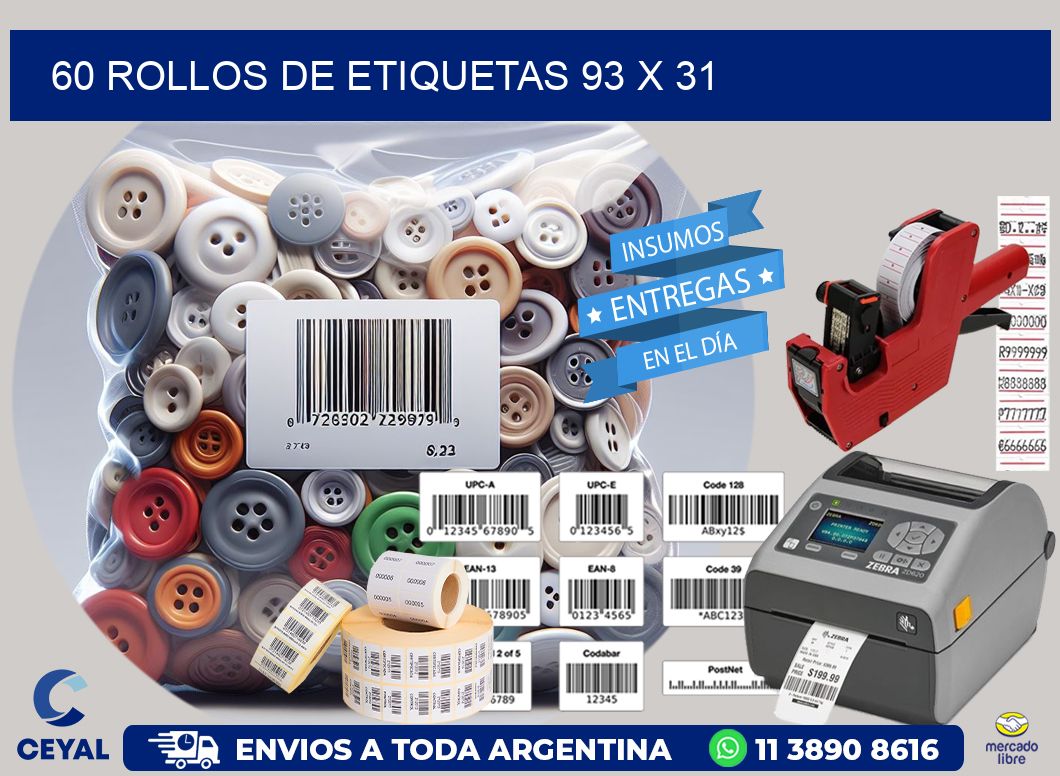 60 ROLLOS DE ETIQUETAS 93 x 31