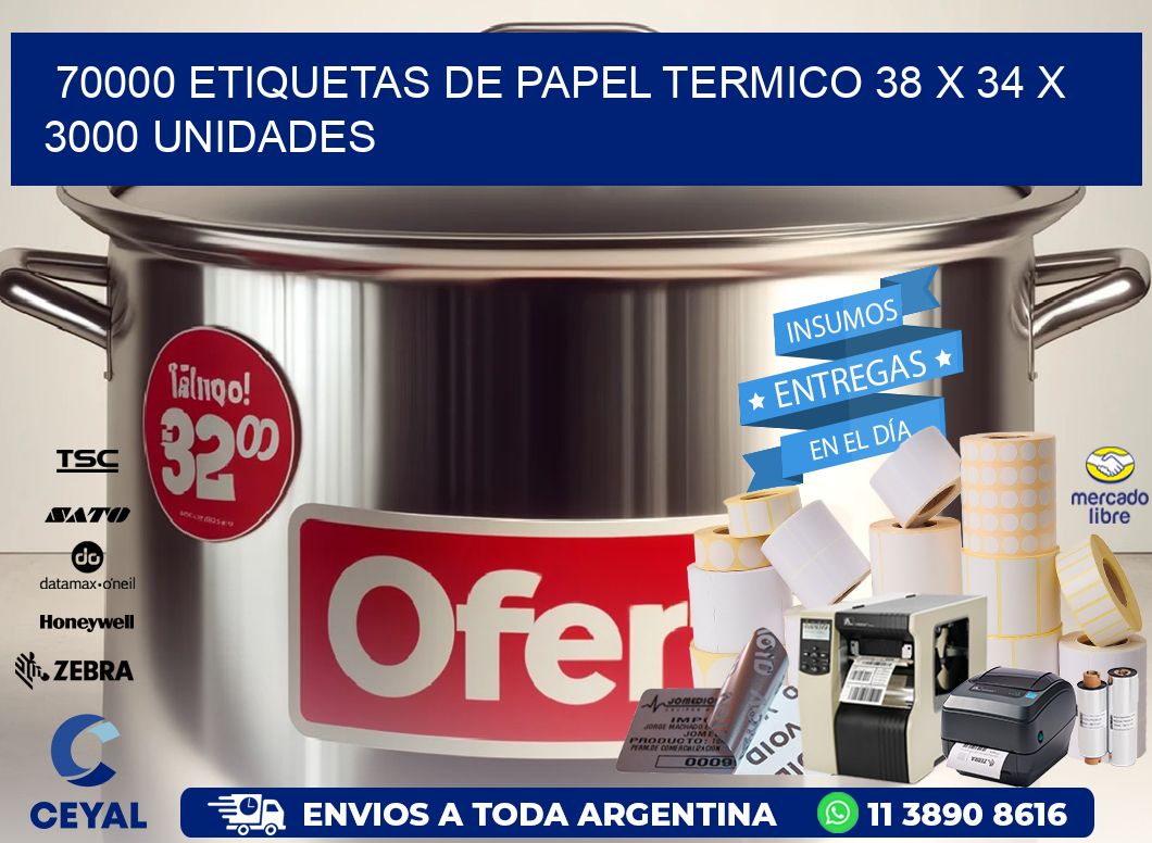 70000 ETIQUETAS DE PAPEL TERMICO 38 x 34 X 3000 UNIDADES