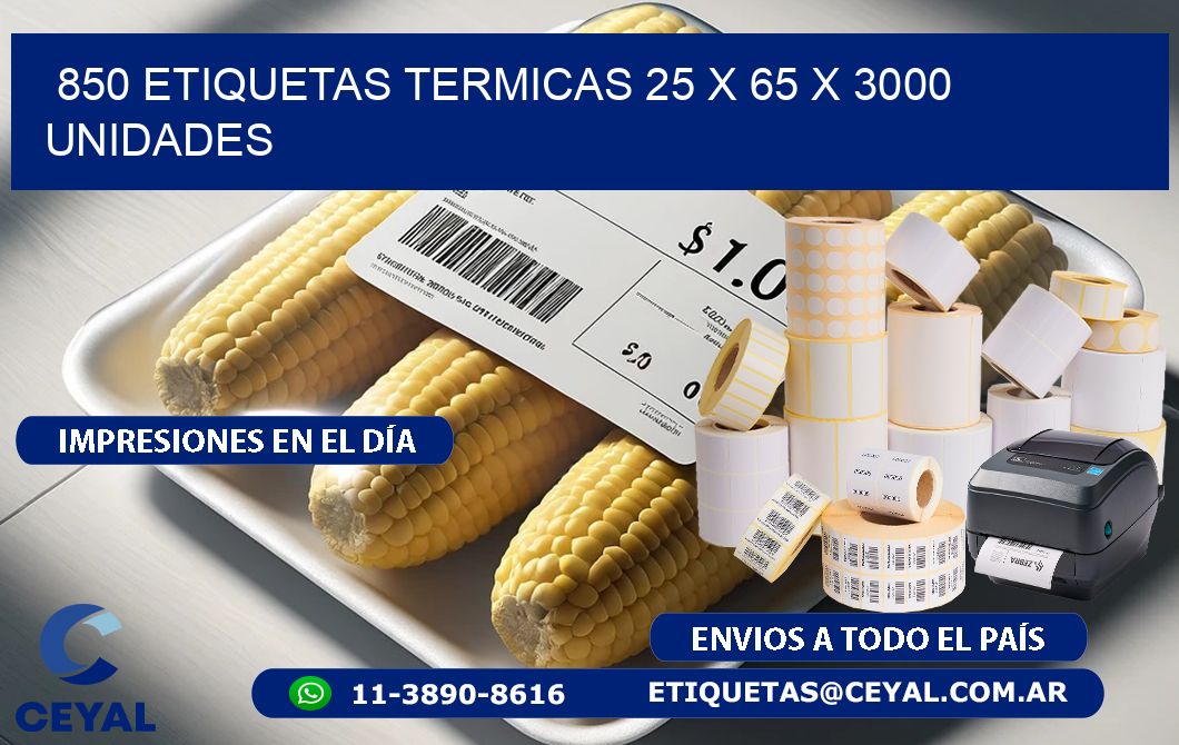 850 ETIQUETAS TERMICAS 25 x 65 X 3000 UNIDADES