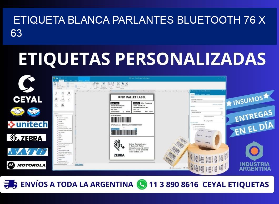 ETIQUETA BLANCA PARLANTES BLUETOOTH 76 x 63