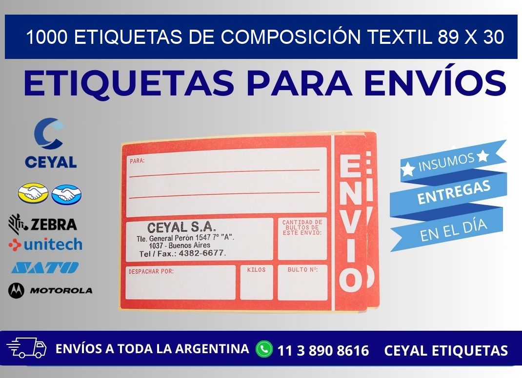 1000 ETIQUETAS DE COMPOSICIÓN TEXTIL 89 x 30