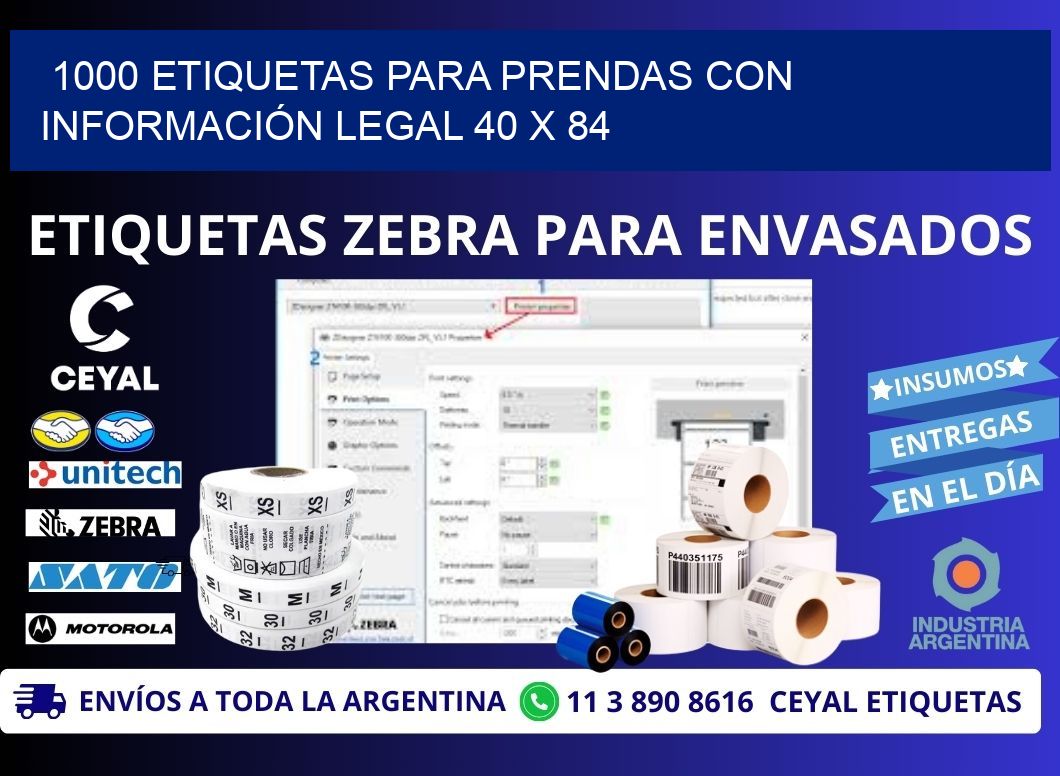 1000 ETIQUETAS PARA PRENDAS CON INFORMACIÓN LEGAL 40 x 84