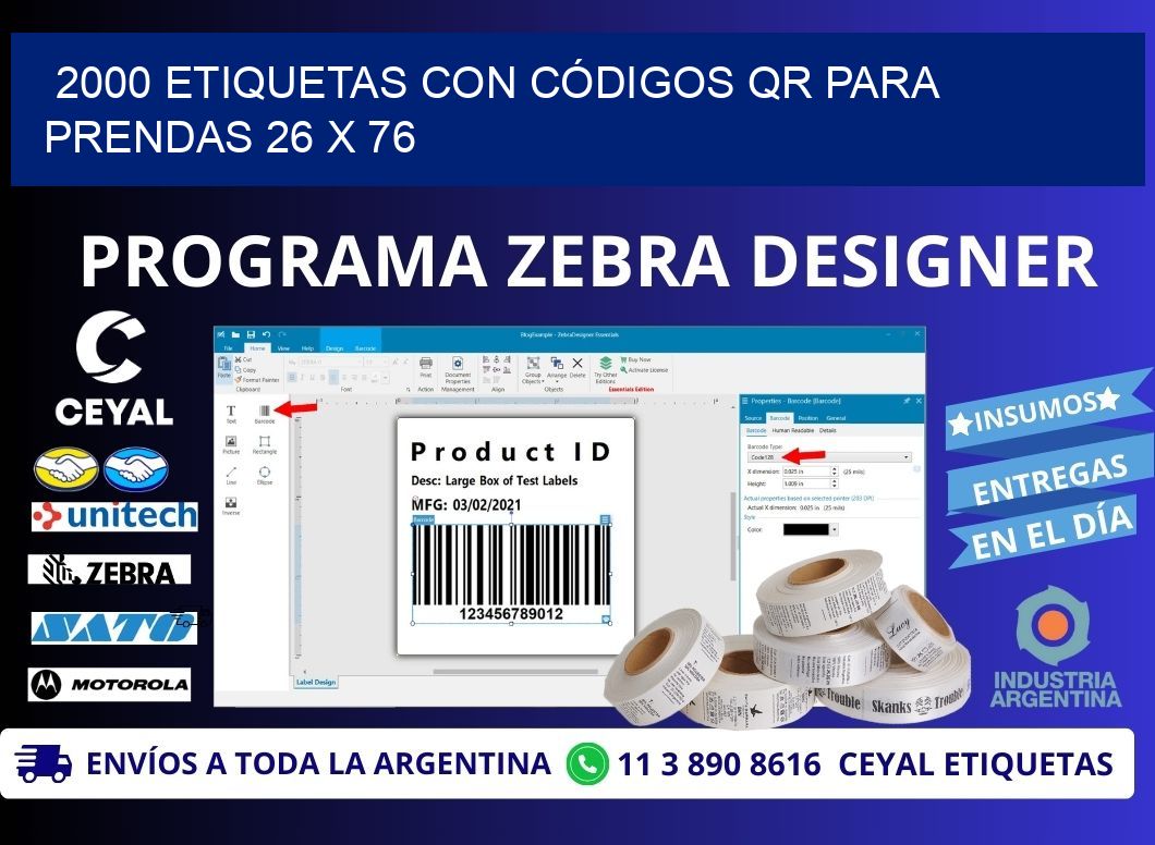 2000 ETIQUETAS CON CÓDIGOS QR PARA PRENDAS 26 x 76