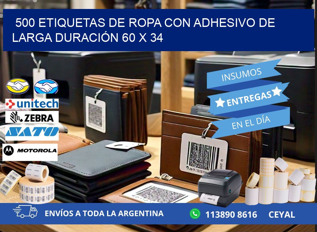 500 ETIQUETAS DE ROPA CON ADHESIVO DE LARGA DURACIÓN 60 x 34