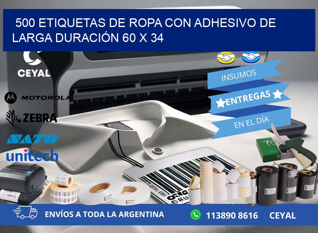 500 ETIQUETAS DE ROPA CON ADHESIVO DE LARGA DURACIÓN 60 x 34