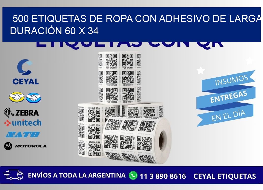 500 ETIQUETAS DE ROPA CON ADHESIVO DE LARGA DURACIÓN 60 x 34