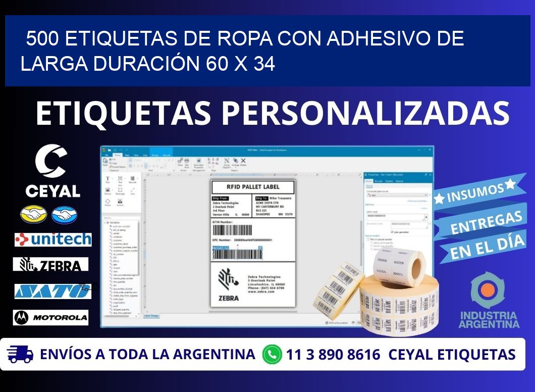 500 ETIQUETAS DE ROPA CON ADHESIVO DE LARGA DURACIÓN 60 x 34