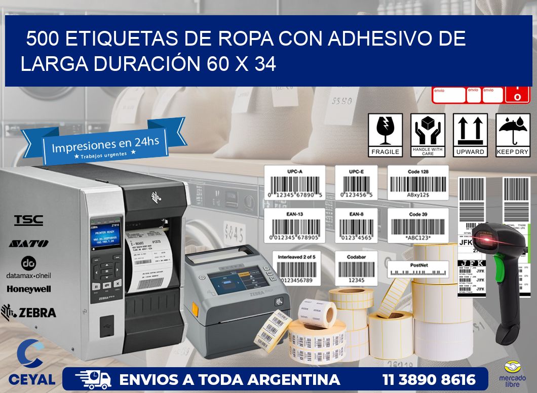 500 ETIQUETAS DE ROPA CON ADHESIVO DE LARGA DURACIÓN 60 x 34