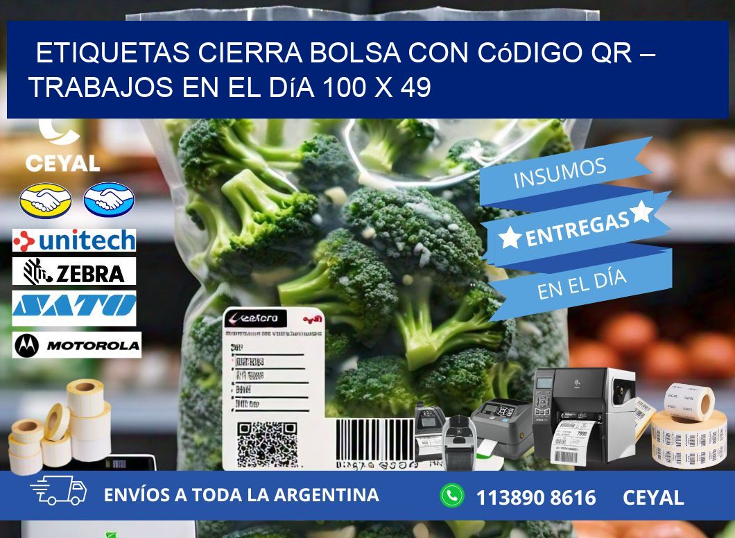 Etiquetas cierra bolsa con código QR – Trabajos en el día 100 x 49