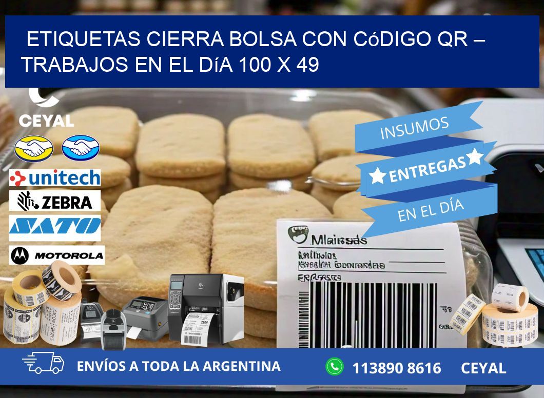 Etiquetas cierra bolsa con código QR – Trabajos en el día 100 x 49