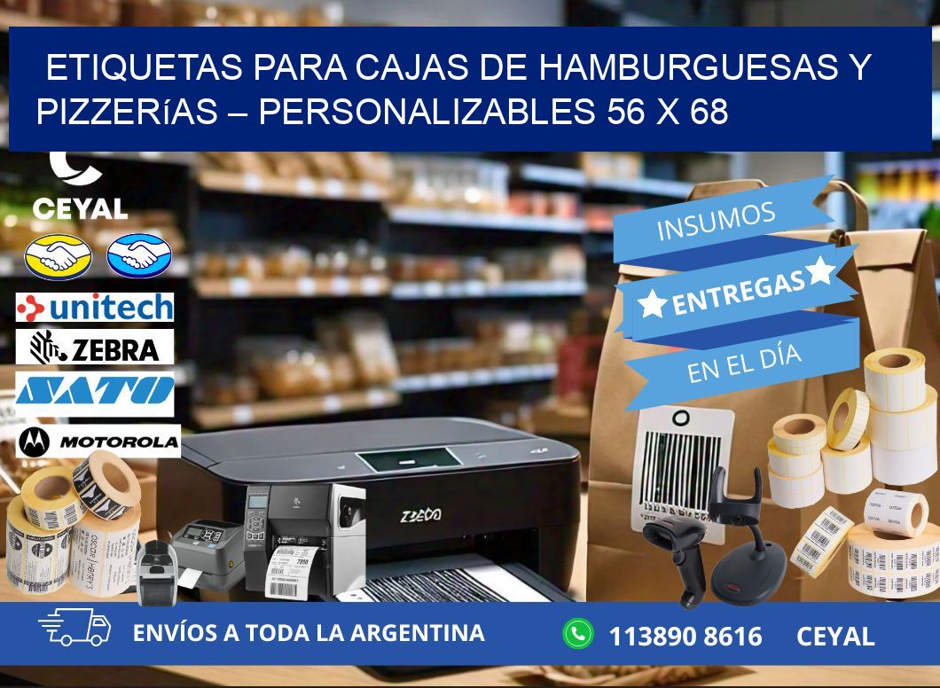 Etiquetas para cajas de hamburguesas y pizzerías – Personalizables 56 x 68