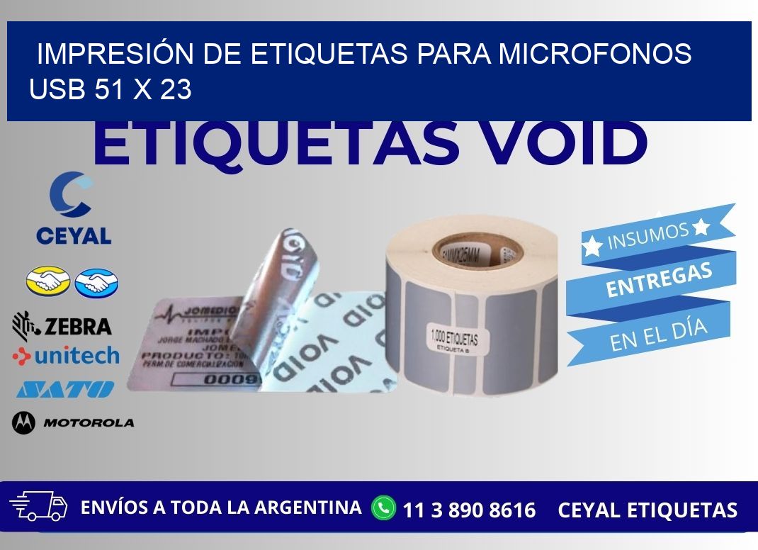 IMPRESIÓN DE ETIQUETAS PARA MICROFONOS USB 51 x 23