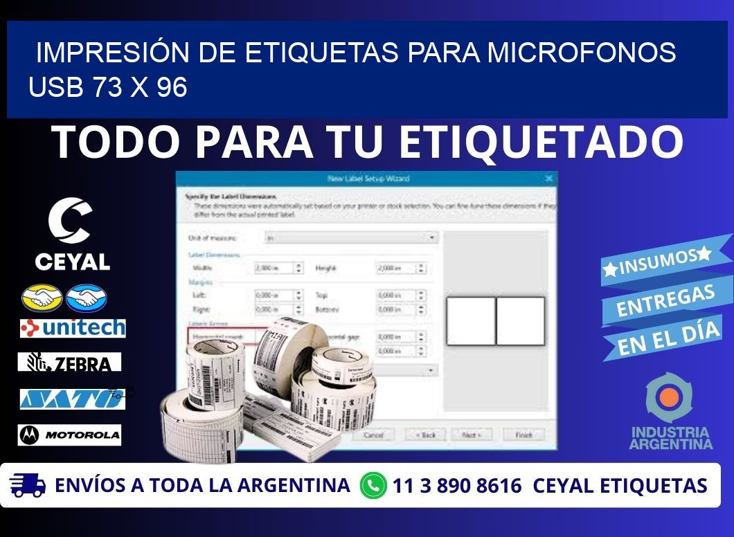 IMPRESIÓN DE ETIQUETAS PARA MICROFONOS USB 73 x 96