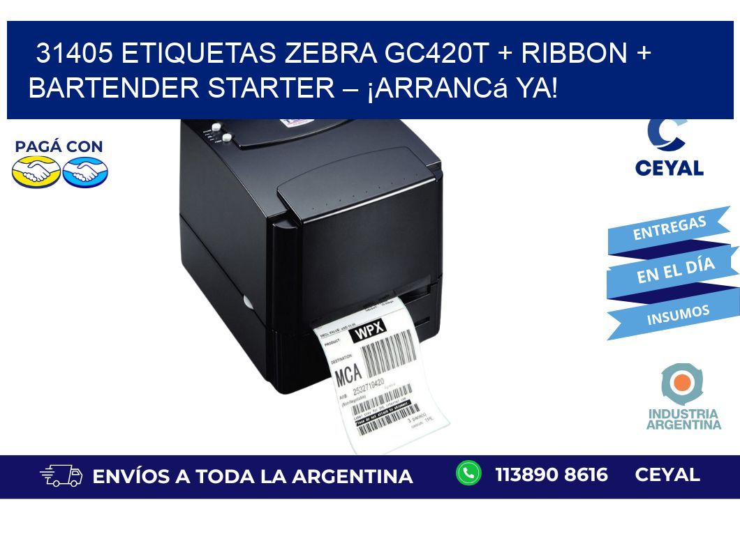 31405 ETIQUETAS Zebra GC420T + Ribbon + BarTender Starter – ¡Arrancá ya!