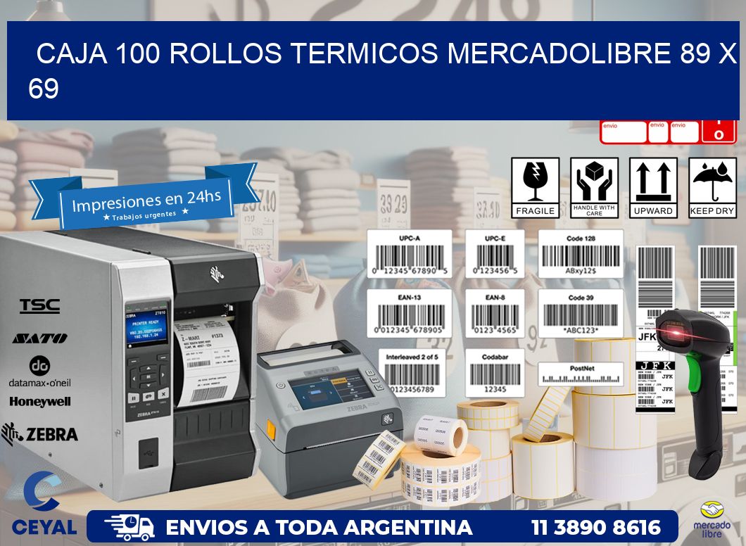 CAJA 100 ROLLOS TERMICOS MERCADOLIBRE 89 x 69